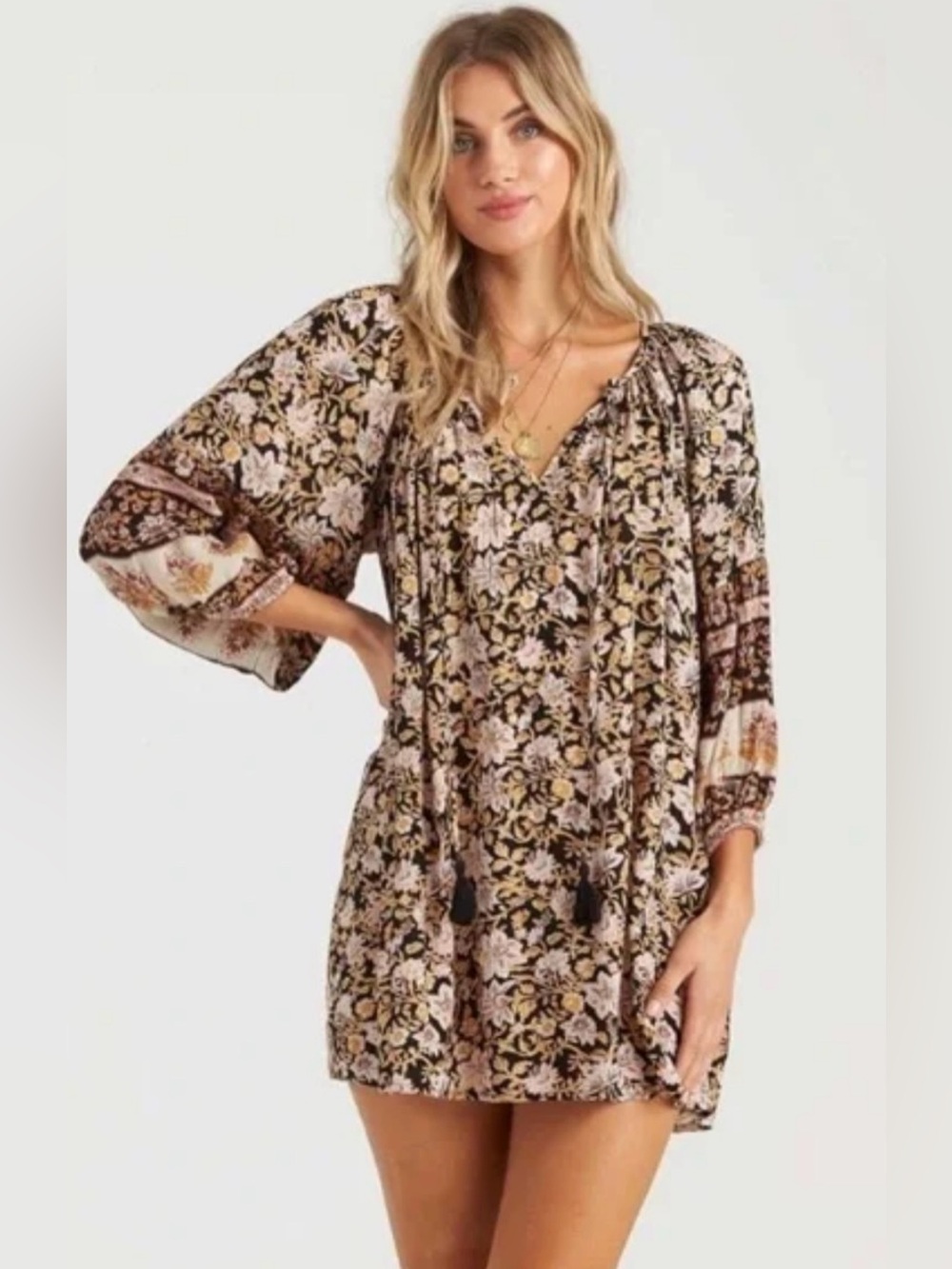 Billabong Gypset Floral‎ Mini Dress NWT Boho Tassel Balloon Sleeve XS